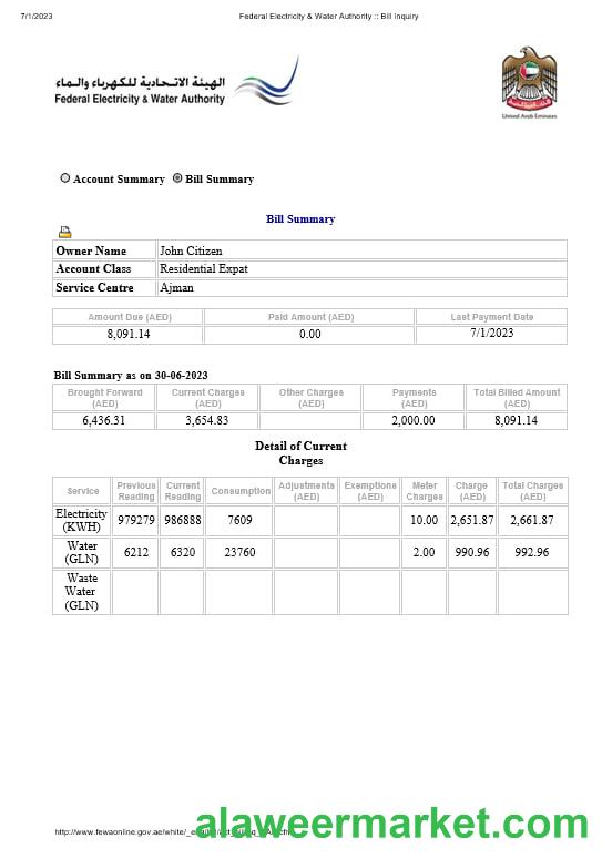 UAE Dubai Federal Electricity & Water Authority electricity, water utility bill Word and PDF formats